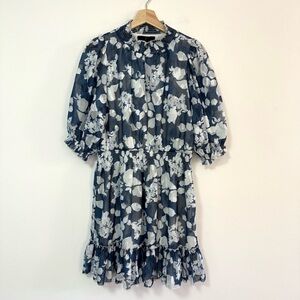 Abbey Glass Bennett Smocked Mini Short Dress Blue White Floral Garden Large